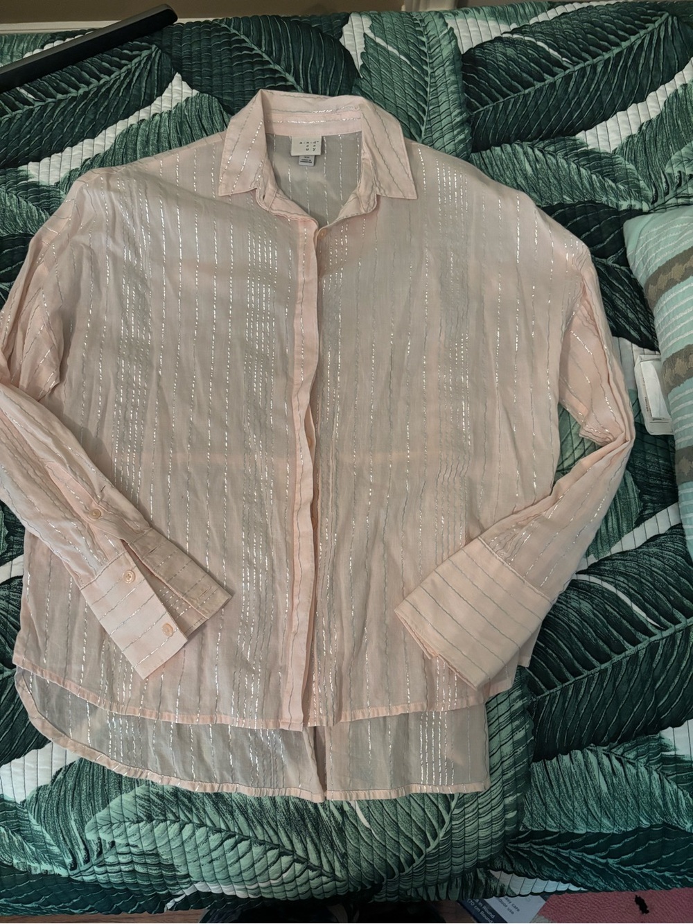 A new day Sheer Pink Metallic Stripe Button-Up Blouse